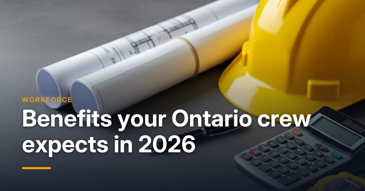 A hard hat, blueprints and a notebook on a workbench — construction worker benefits Ontario employers should know