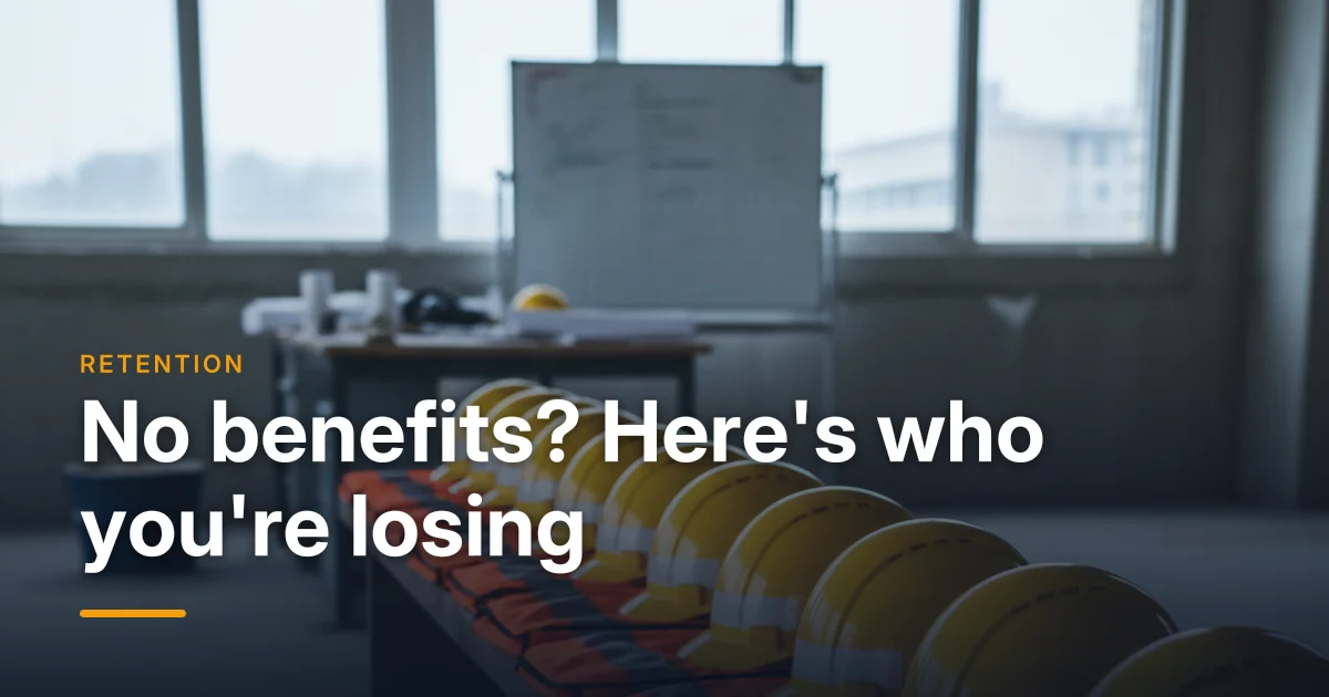 Empty hard hats and hi-vis vests on a site-office bench — losing construction employees when there are no benefits